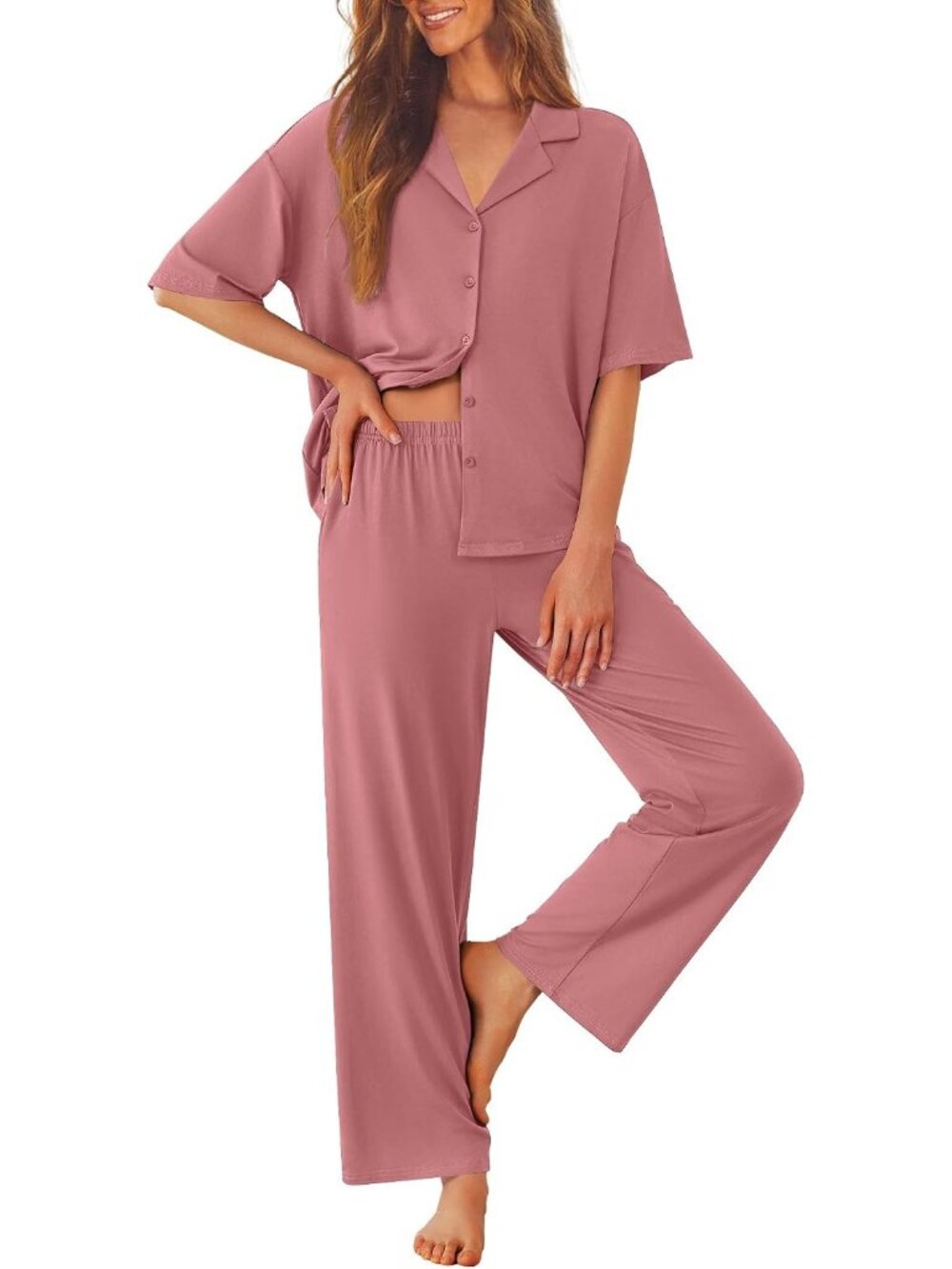 Women Old Rose Notch Lapel Short Sleeve Shirt Sleepwear with Long Pajamas Set
